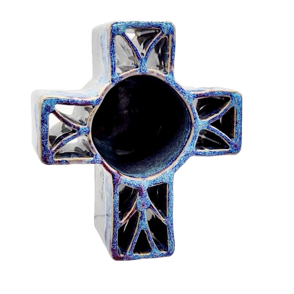 Candle Pots Bay Pottery Cross Votive Candle Holder Blue Drip Glaze Handmade VA